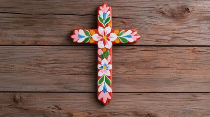 Colorful Wooden Cross with Floral Patterns on Rustic Wooden Surface