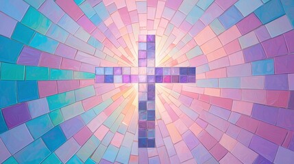 Colorful Mosaic Cross Surrounded by Vibrant Pastel Shades Radiating Light