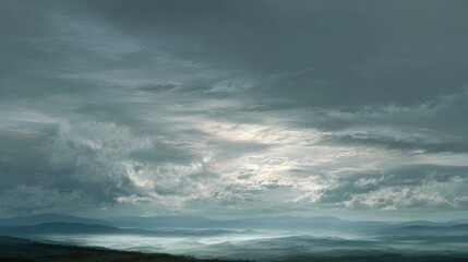 Fototapeta premium Serene Atmospheric Landscape with Overcast Sky and Misty Hills
