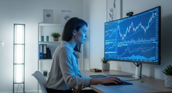 Professional analyst studies financial charts on a large computer screen in a modern office - Powered by Adobe
