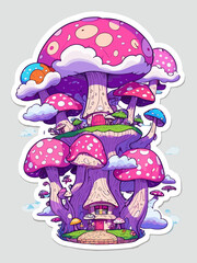 2d vector illustration An fantasy island at sky with cloud and factory with city 