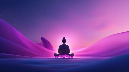 Meditating Buddha Silhouette on a Tranquil Landscape with Soft Purple and Pink Hues Under a Starry Sky