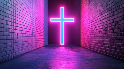 Neon Cross Illuminated in a Dark Alley with Brick Walls and Reflective Floor