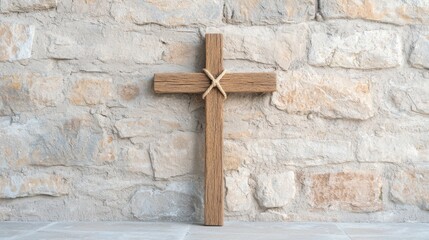 Rustic Wooden Cross Tied with Twine Against Textured Stone Wall Symbolizing Faith and Spirituality