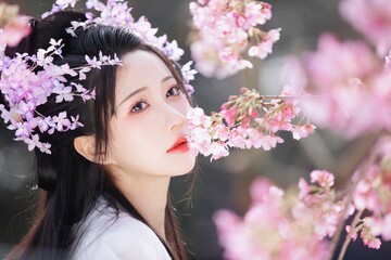 Asian woman with pink flowers in soft light.