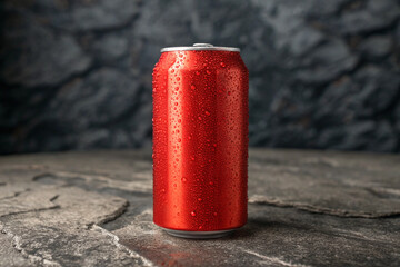 Red, metallic can displays water droplets on textured backdrop. Ideal for beverage product photography, can mockup, branding, poster.