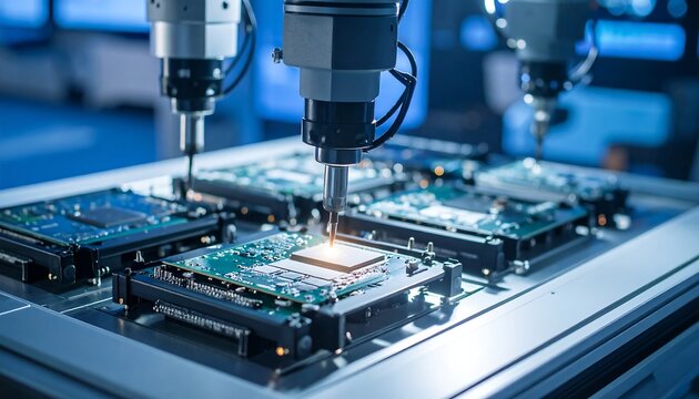 Automated robotic arm precisely soldering components onto a circuit board in a high-tech manufacturing facility