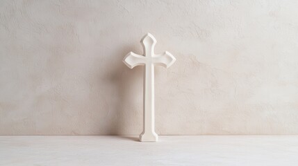 Naklejka premium Minimalist White Cross Sculpture Against Textured Beige Background Highlighting Spirituality and Tranquility