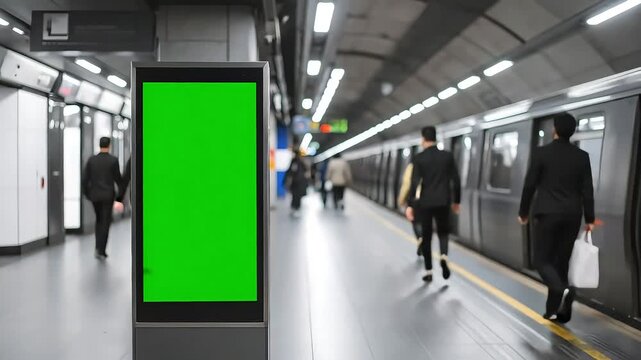 Subway platform with green screen advertisement and commuters walking by