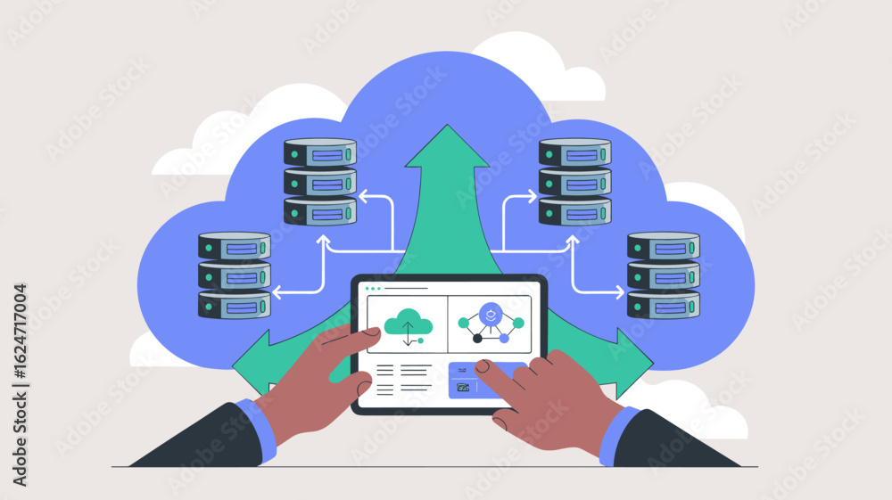 Poster it administrator managing cloud servers on a tablet vector illustration, enterprise cloud computing,