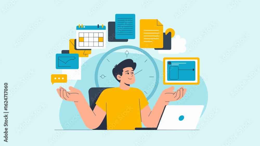 Poster freelancer multitasking with project icons floating around him vector illustration, managing multipl