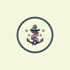 Fototapeta premium Patriotic naval anchor emblem with a stars and stripes banner in a circular rope frame. Vintage nautical vector illustration.