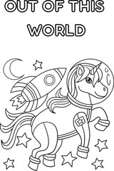 Obraz premium Coloring Book Kids Unicorn astronaut in space with rocket, moon, and stars coloring page for kids featuring out of this world text