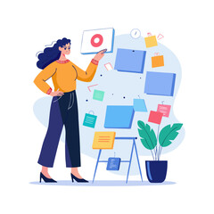 Confident Businesswoman Writing Company Vision on Sticky Notes – Strategic Planning, Leadership, and Corporate Goal Setting Concept Vector Illustration