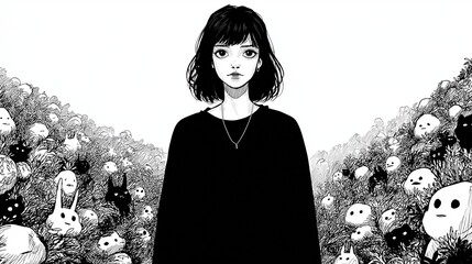 A black and white manga-style illustration of a young girl standing solemnly in a surreal field filled with various fantastical, cute, and mysterious creatures