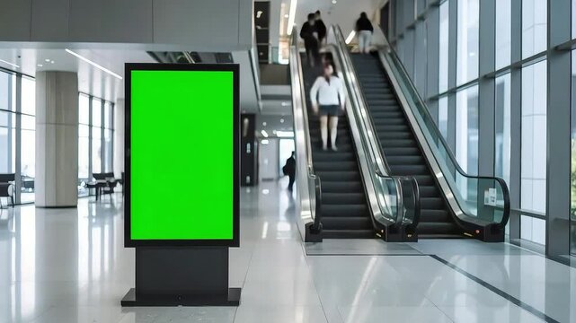 Green screen billboard stands in a modern building as people use escalator