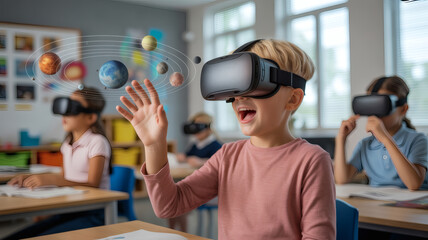 Excited child explores solar system in VR headset, experiencing immersive educational technology for engaging learning adventures