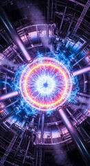 Fototapeta premium Intricate metallic structure with glowing plasma core, showcasing technological advancement and energy, representing scientific innovation and futuristic power