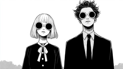 A striking, manga-style black and white illustration of a stylish young couple wearing dark suits and large, round sunglasses