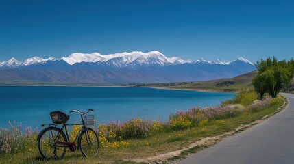 Fototapeta premium The circular road , the crystal-clear blue water meeting the snow-capped mountains, a vintage bicycle parked by the roadside, wildflowers blooming by the lakeside. 