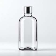 Elegant transparent bottle with reflective silver cap capturing light nuances on white background