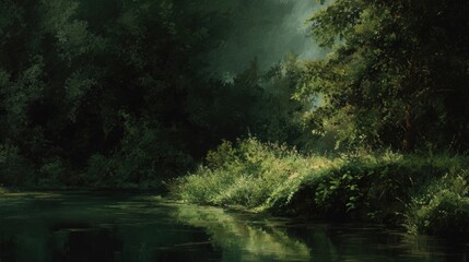 Obraz premium Serene Forest Landscape with Lush Greenery and Calm Water Reflection