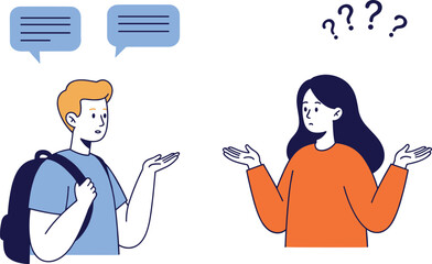 Confused girl and talking boy cartoon, student misunderstanding, communication problem, speech bubbles, question marks, vector flat illustration, school chat.