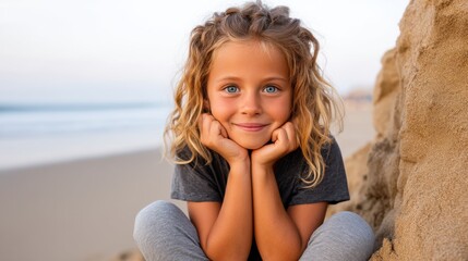 Fototapeta premium A young girl with curly blonde hair smiling at the camera on a beach