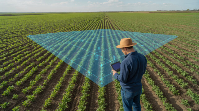 Farmer uses tablet with futuristic augmented reality overlay to analyze crops and optimize yield in vast agricultural field