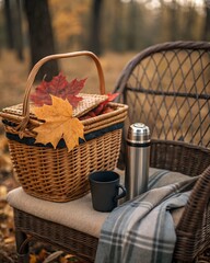 Autumn picnic scene featuring basket, thermos, cup, and plaid blanket on wicker chair surrounded by fall foliage