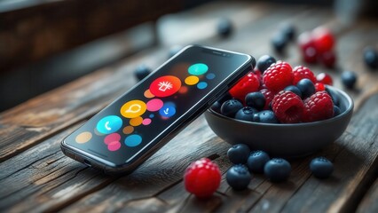 A smartphone with colorful app icons next to a bowl of raspberries and blueberries on a rustic wooden table. Concept of healthy eating and digital life