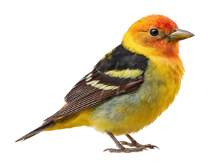 Vibrant western tanager bird perched on branch in natural habitat colorful avian beauty overview isolated on transparent background