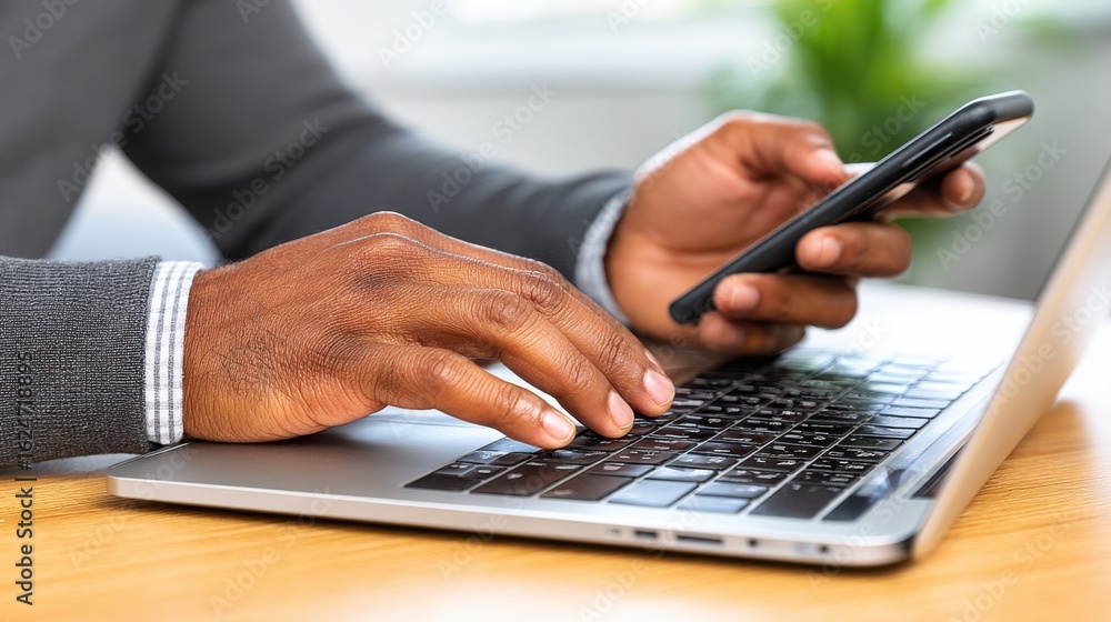 Poster a person using a smartphone while working on a laptop at a desk