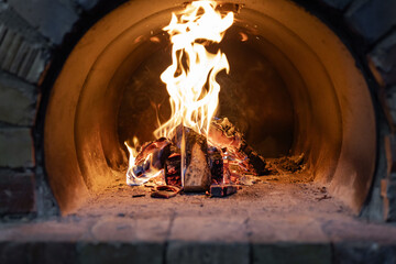 Wood burns in the stove close-up.