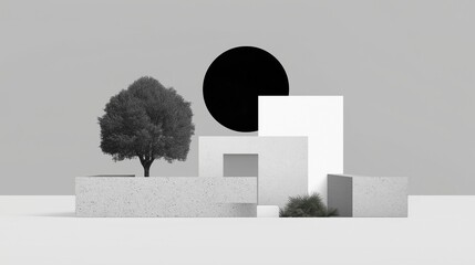 A serene, minimalist 3D render of a landscape with simple geometric shapes, a single tree, and a large black circle on a gray background