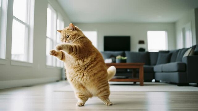 Comical fluffy ginger cat stands on two feet with paws outstretched. Adorable pet in a funny, human-like pose inside a modern home.