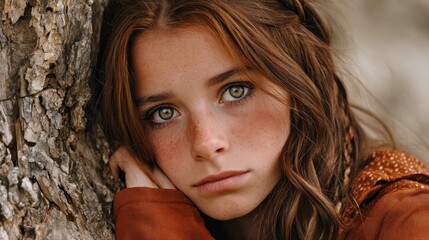 A young woman with red hair and blue eyes resting her face on her hand near a tree trunk
