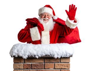 Santa Waving from Chimney with Bag of Gifts – Isolated PNG