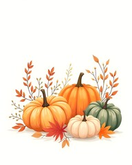 Autumn composition with pumpkins and colorful fall leaves in rustic style on white background