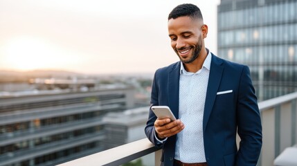A smiling man in a business suit using a smartphone outdoors on a balcony
