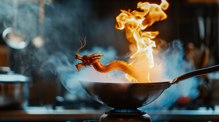 "A wok breathing fire like an ancient kitchen dragon