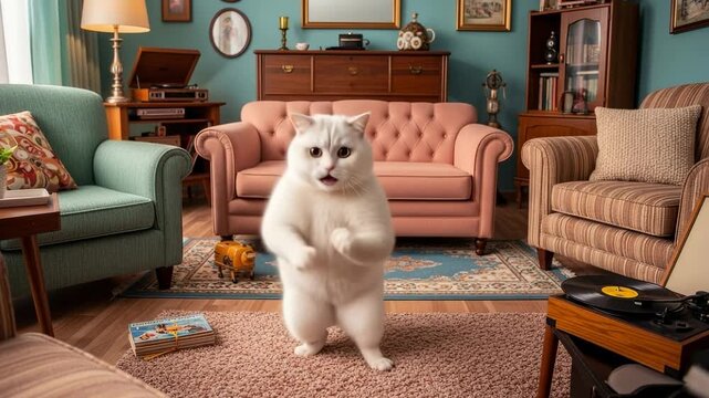 A funny white cat stands on its hind legs and dances with its paws in the air. Cute pet in a vintage retro style living room interior.