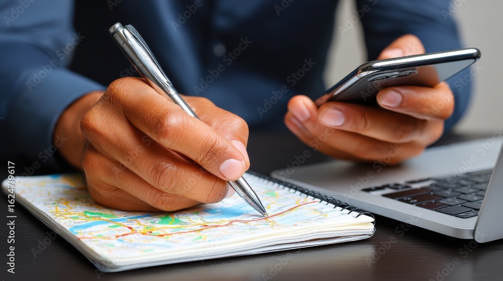 Aufkleber a person writes in a notebook while using a smartphone and laptop on a desk