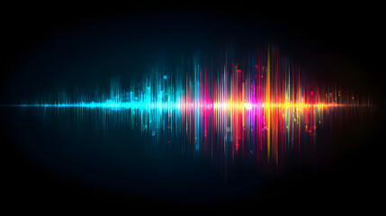 Abstract digital audio waveform with colorful gradient on dark background, representing music, sound, technology, and data visualization. Oscillation. Illustration