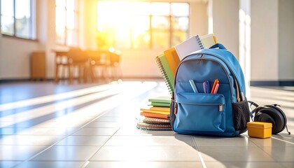 Back to school concept. A blue backpack with stationery on the floor of an empty school corridor with bright sunlight.
