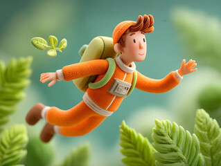 Cheerful young astronaut with an orange suit and a green backpack is flying through giant green leaves on a new planet, exploring the alien environment