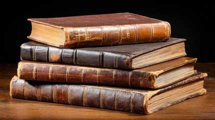 Naklejka premium Stack of old hardcover books with worn leather and paper covers on wooden surface