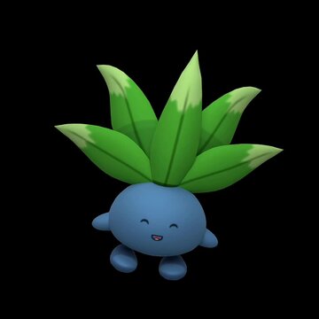 Joyful little plant monster character with a cute smiling face. A friendly blue mascot with a leafy top, rendered in 3D animation style.