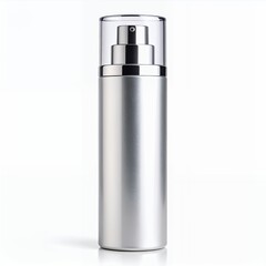 Sleek silver bottle with dispenser for skincare and cosmetic product mockup on white background