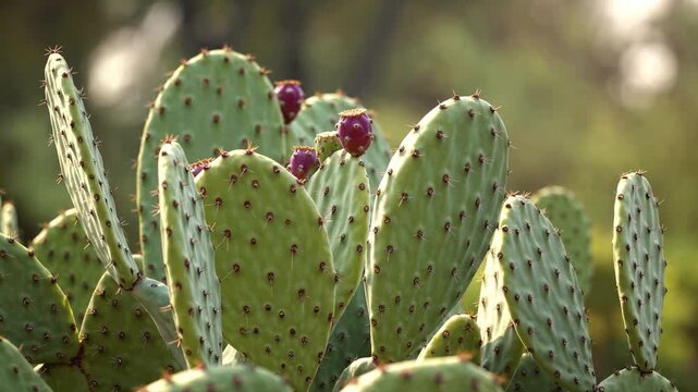 Closeup of prickly pear cactus pads with purple fruit and green leaves